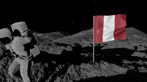 Peruvian Flag Planted by Astronaut on Moon Surface 3D Animation