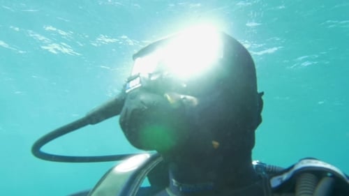 Scuba Diver In Blue Water On Sunny Day