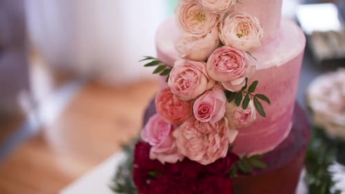 Elegant Wedding Cake with Roses Close-Up