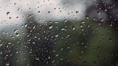 Raindrops Flowing Down Window with Green Background