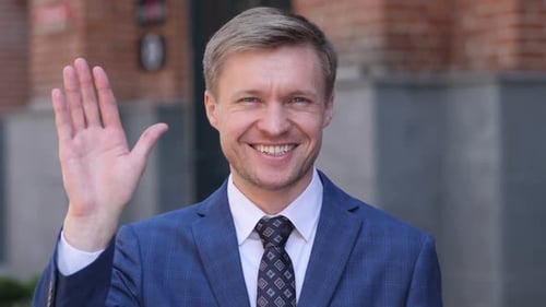 Hello Businessman Waving Hand to Welcome