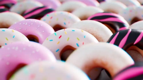 Pastel, colorful glazed donuts. Seamless looping animation. Sweet dessert.