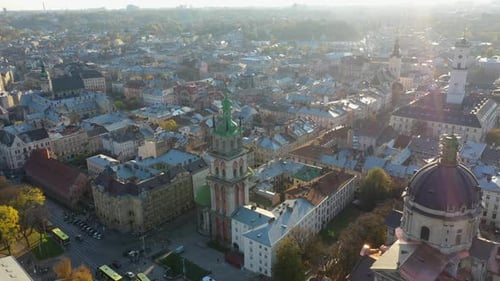 Aerial Video of Uspinska Church in in Central Part of Old City of Lviv, Ukraine