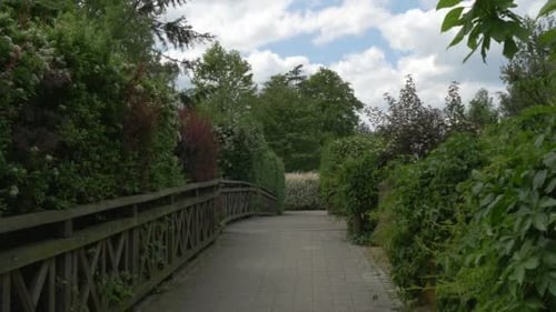 Holzbrücke durch den grünen Park, aus Holz