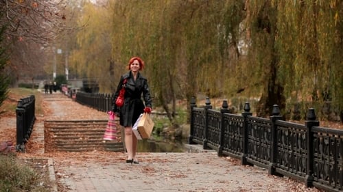 Woman Walking with Shopping Bags in Autumn Park