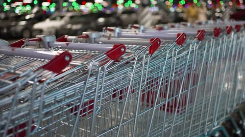Shopping Carts Stand in an Even Row Near the Car Park in the Mall