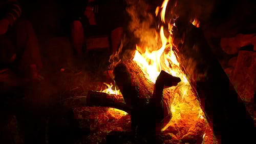 Campfire Burns Brightly at Night in Dark
