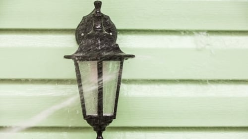 Street Lamp Being Washed With Jet Of Water