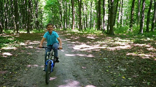 Boy Riding Bike Through Forest Trail