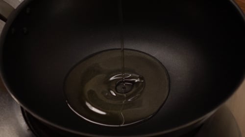 Pouring Cooking Oil Into a Black Wok