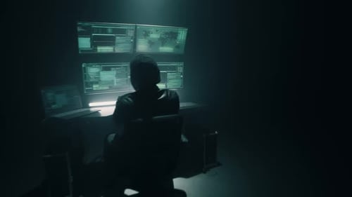 Männlicher Cyberkrimineller benutzt Computer im Rampenlicht