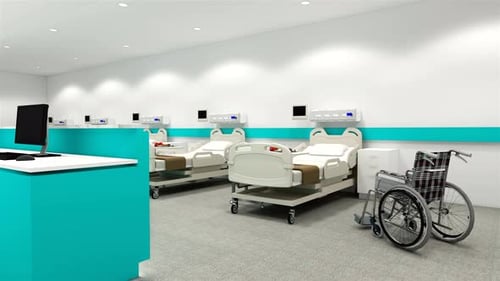 Hospital room with beds .Empty bed and wheelchair in nursing a clinic or hospital