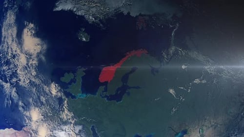 Zoom terrestre réaliste, alerte rouge, pays phare : Norvège