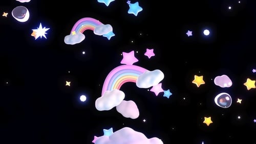 Whimsical 3D Clouds, Rainbows, Stars, and Bubbles Floating Animation