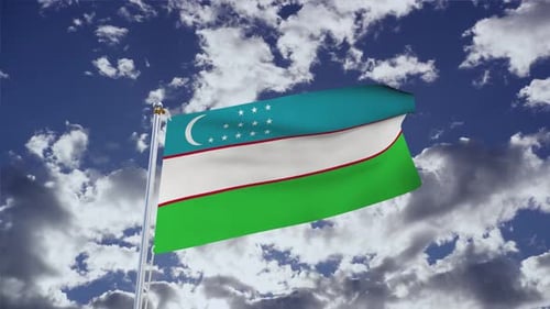 Uzbekistan Flag Waving with Realistic Clouds Background