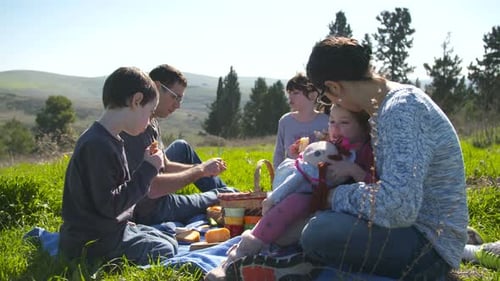 A family with 4 children having a picnic outdoors on a green hill in the sun