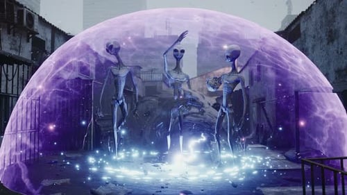 Alien Arrival in Ruined City with Purple Energy Shield