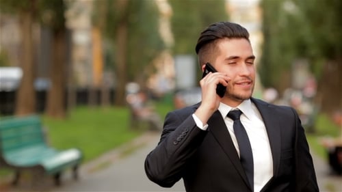 Smiling Businessman Talking on Smartphone in Urban Park