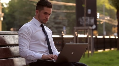 Young Man Working With a Laptop In Park