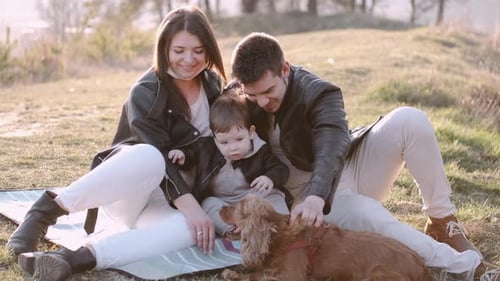 Young Happy Family with Son and Dog Are Walking in the Field