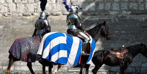 Two Knights on Horses Near Stone Wall
