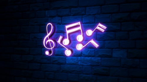 Glowing Neon Music Notes and Treble Clef Animation on Brick Wall
