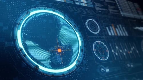 Searching point on blue earth with futuristic head up display technology interface screen