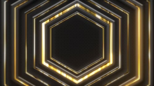 Abstract Geometric Tunnel with Glowing Golden Hexagons