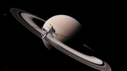 Futuristic Space Station Flies Past Saturn in Starry Cosmos