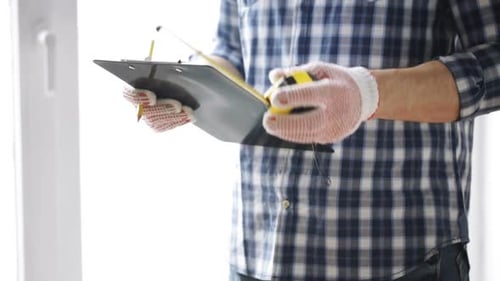 Close Up Of Man With Measuring Ruler And Clipboard 6