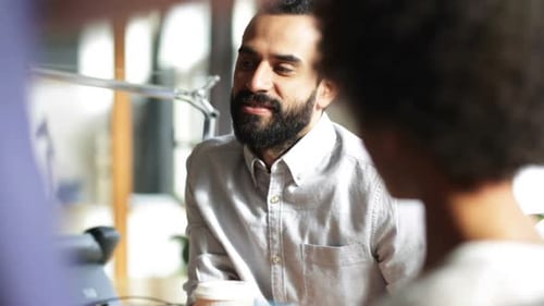 Happy Creative Team With Coffee Talking In Office 14