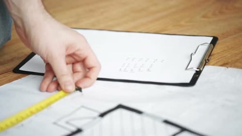 Close Up Of Male Hands Measuring Blueprint 7