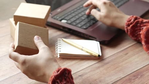 Online Business, Cardboard Boxes, Laptop, Wooden Desk