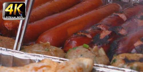 Grilling Meat and Sausages on Barbecue Grill