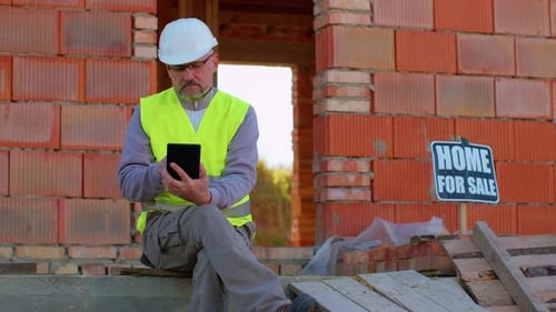 Architect Man with Digital Tablet Computer at Construction Site Analyzing Blueprints Building House