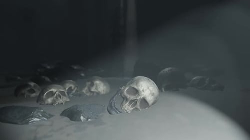 Apokalypsestadt im Nebel. Luftbild der zerstörten Stadt. Apokalypse-Konzept.