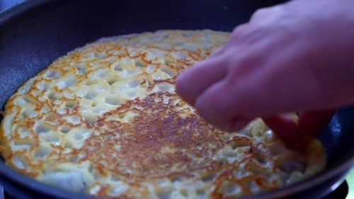 Cooking Pancake in Frying Pan with Kitchen Utensil