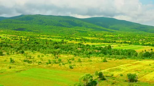 Drone Flies Above Field in Countryside