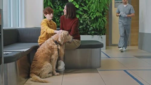 Mother And Son With Retriever At Vet Clinic