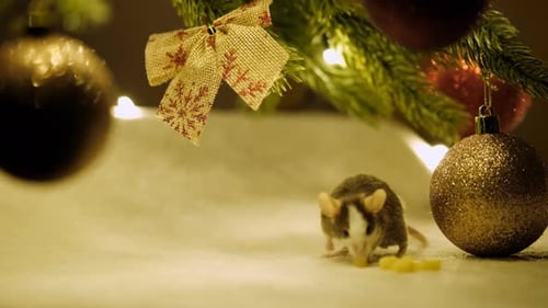 Close - Up of a Curious Grey Rat Eating Touching Balls and Eating Cheese Sitting in the Branches