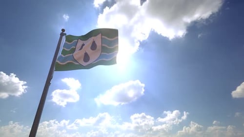 Flag With Pear Coat Of Arms Waving Under Bright Sunny Sky