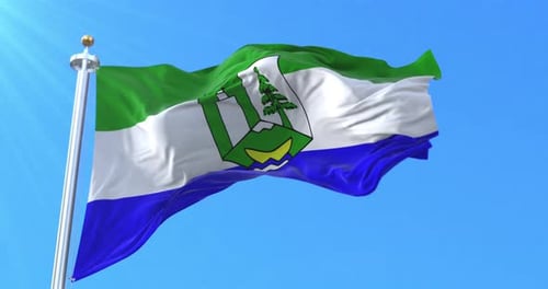 Realistic Waving Flag with Green White Blue Stripes and Nature Emblem