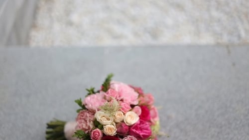 Colorful Wedding Bouquet Close Up with Pink Flowers