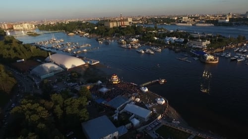 Summer Beach Party. Flyby In Helicopter