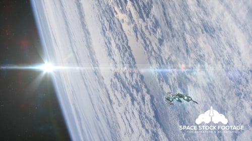 Futuristic Spaceship Flying in Orbit Around Planet Earth
