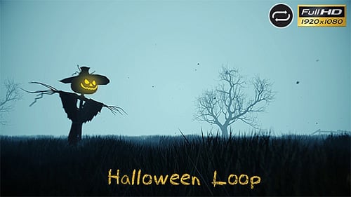 Spooky Halloween Scarecrow with Glowing Pumpkin Head in Fog