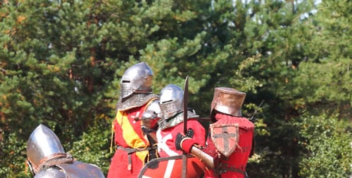Medieval Knights Engaged in Combat Reenactment in Woods