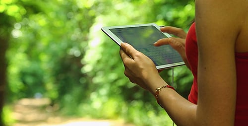 Young Woman Using Tablet on Forest Path