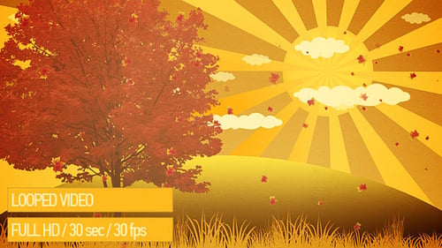 Animated Autumn Landscape with Falling Leaves and Stylized Sun