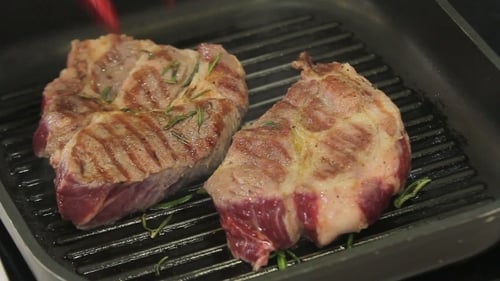 Steak Frying On Grill Pan